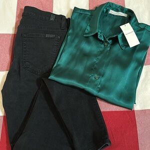 🍒BUNDLED🍒 Abercrombie silk top size XS and 7 For All Mankind black jeans size 28